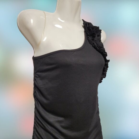 ONE Shoulder Body Con Black Dress Mini Ruched Ruffle  Size L - Picture 8 of 10